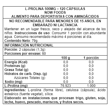 L-Prolina 120 Cápsulas Vegetales (2 meses) - Now Foods-Vitaminas-Mercado Silvestre