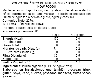 Inulina Prébiotica Pura Orgánica en Polvo 227gr (57 porciones) - Now Foods-Vitaminas-Mercado Silvestre
