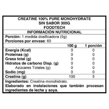 Creatina Pura 100% Monohydrate 300gr - 60 porciones (2 meses) - Foodtech