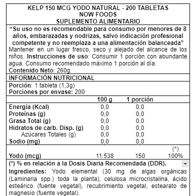 Kelp (Yodo Natural 150mcg) 200 Tabletas (6,6 meses) - Now Foods-Vitaminas-Mercado Silvestre