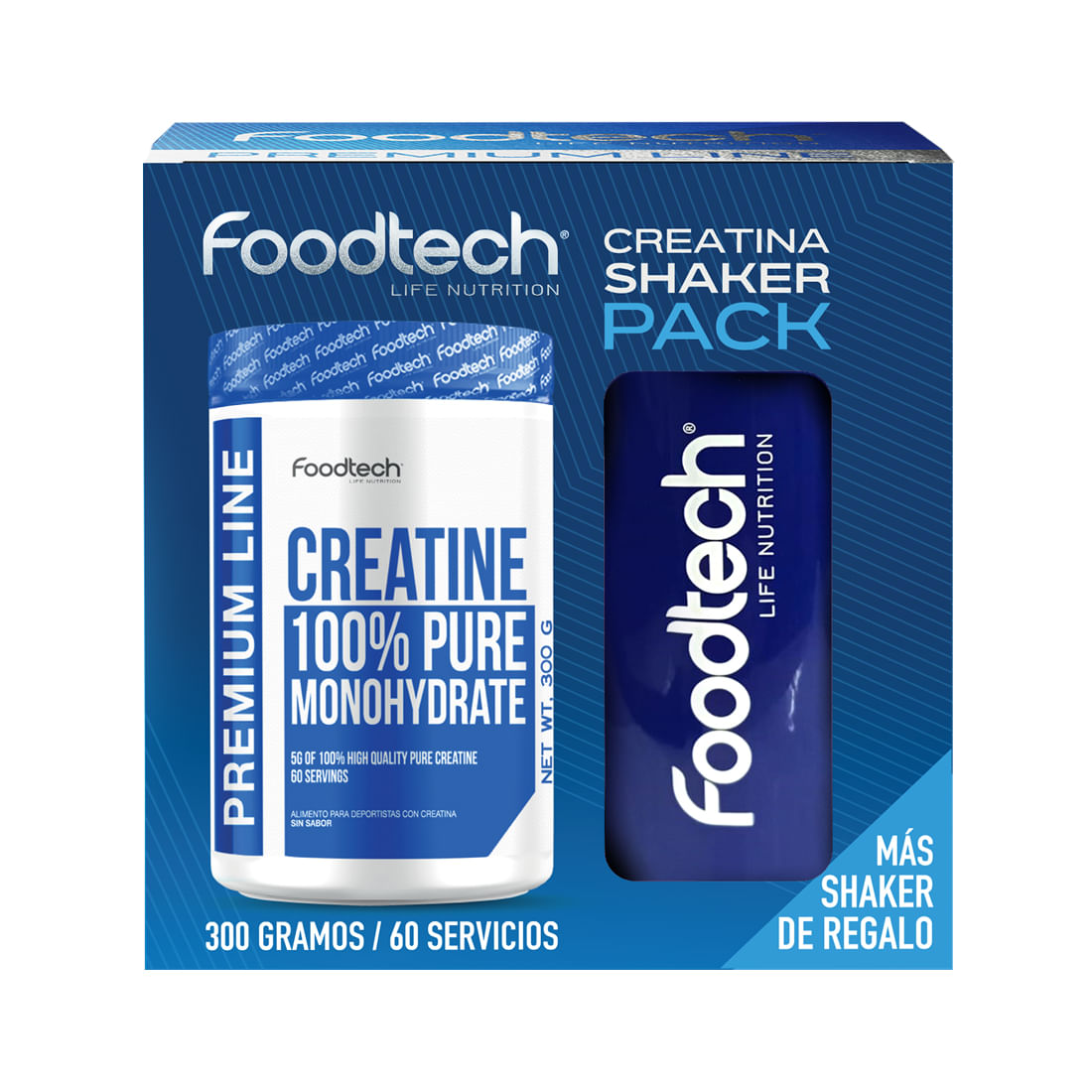 Pack Creatina Pura 100% Monohidratada 300gr (60 Porciones) + Shaker - Foodtech