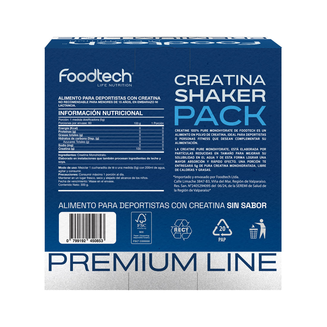Pack Creatina Pura 100% Monohidratada 300gr (60 Porciones) + Shaker - Foodtech
