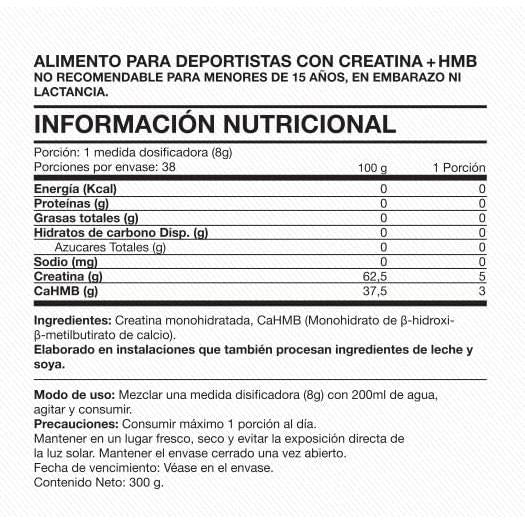 Creatina Monohidratada + HMB 3000mg - 300gr Sin Sabor - Foodtech