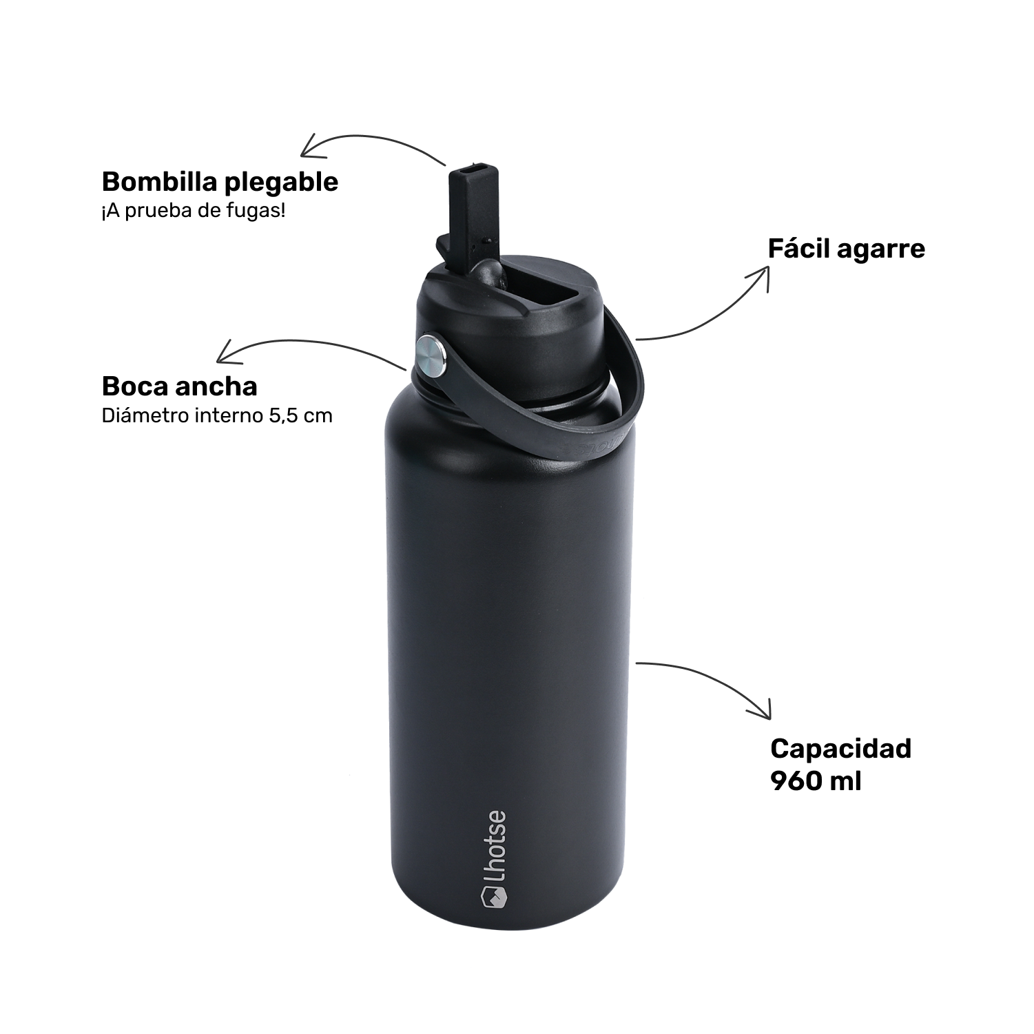 Botella Térmica Insulada Hydro 960ml Negro - Lhotse-Hogar-Mercado Silvestre