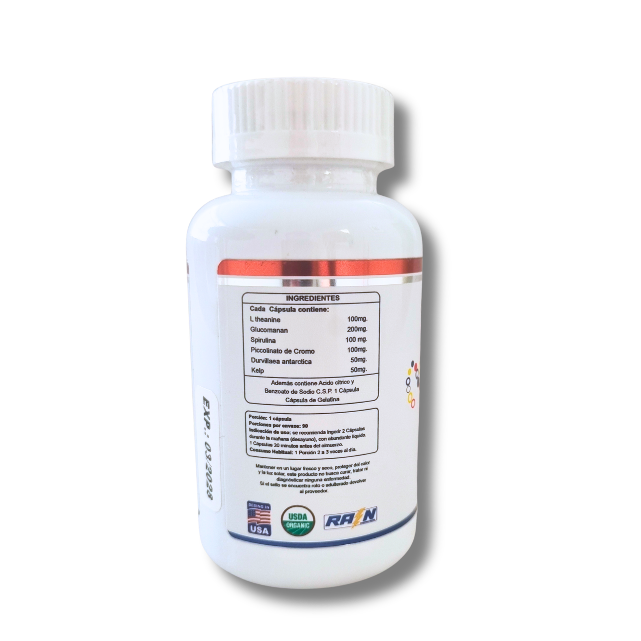 Balloon Slim 600mg - Control del Apetito - Glucomanano, L-Theanina, Spirulina, Cromo, Cochayuyo y Kelp - 90 Cápsulas (1 mes) - Rain