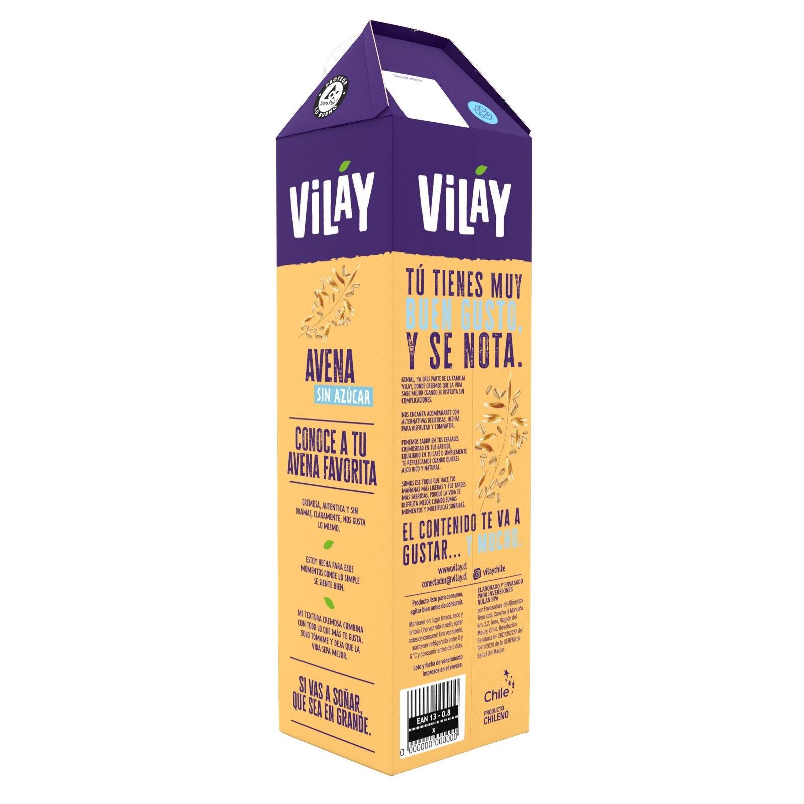 Bebida Vegetal de Avena Sin Azúcar 1 LT - Con Vitaminas A, D, E y B12 - Sin Gluten - Vilay