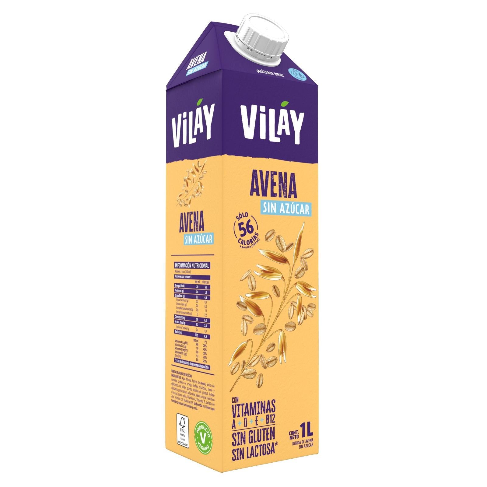 Bebida Vegetal de Avena Sin Azúcar 1 LT - Con Vitaminas A, D, E y B12 - Sin Gluten - Vilay