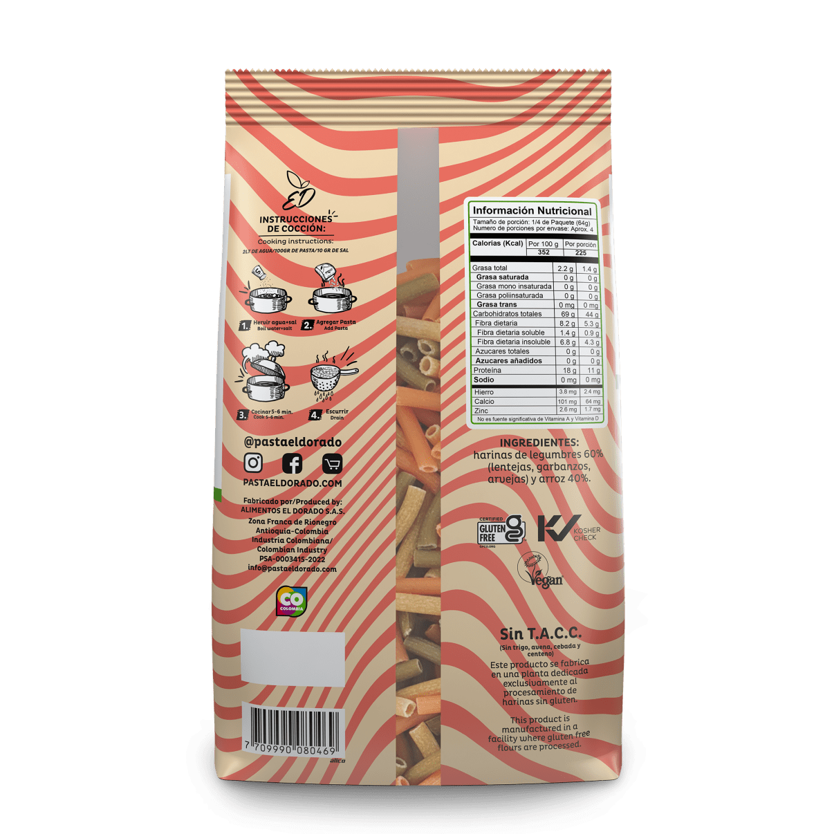 Macarrones Tricolor de Lentejas Rojas, Garbanzos, Arvejas y Arroz Sin Gluten 250gr - El Dorado