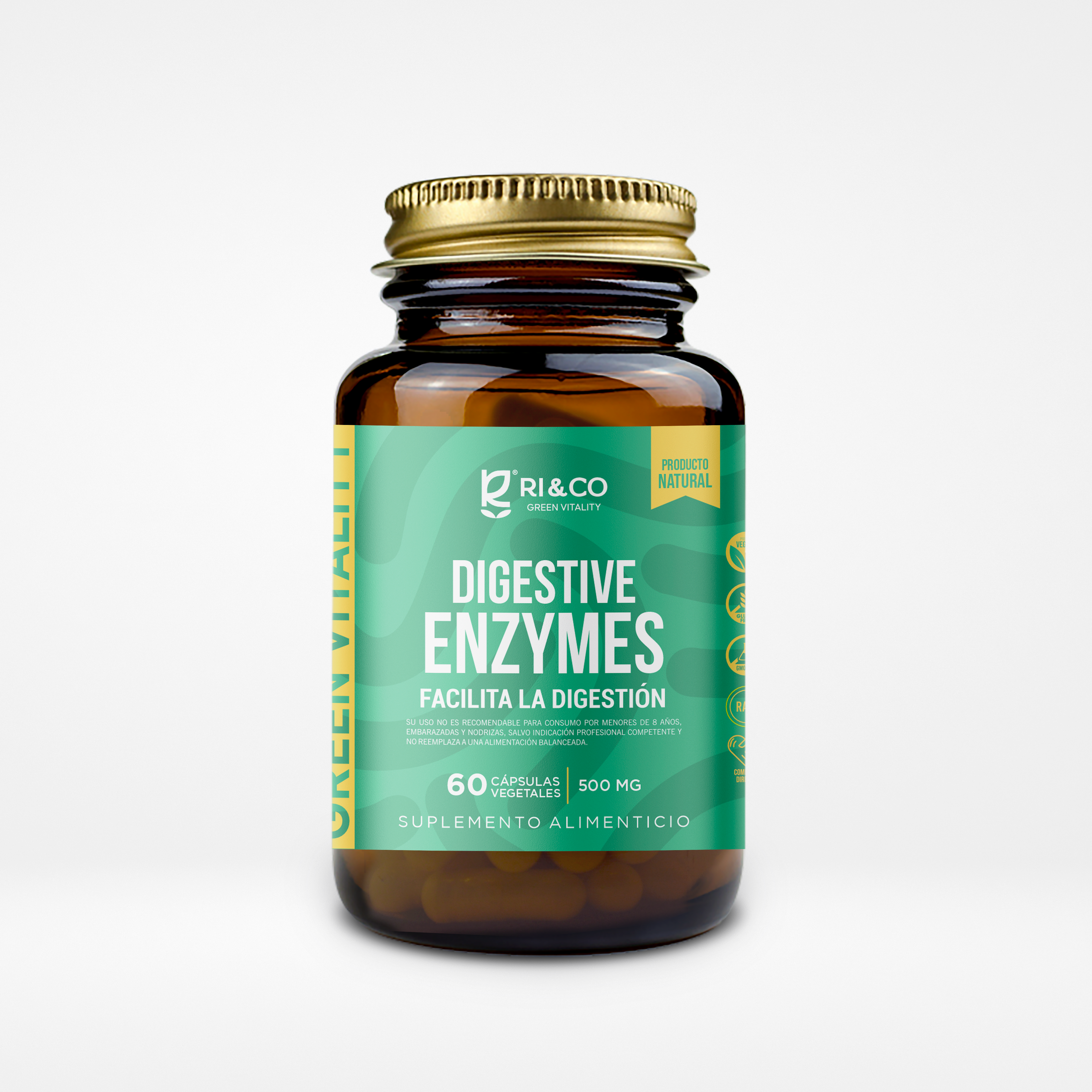 Enzimas Digestivas (Betaína HCl, Papaína, Bromelina y Pancreatina) 500mg – 60 Cápsulas Vegetales (1 mes) – RI&CO