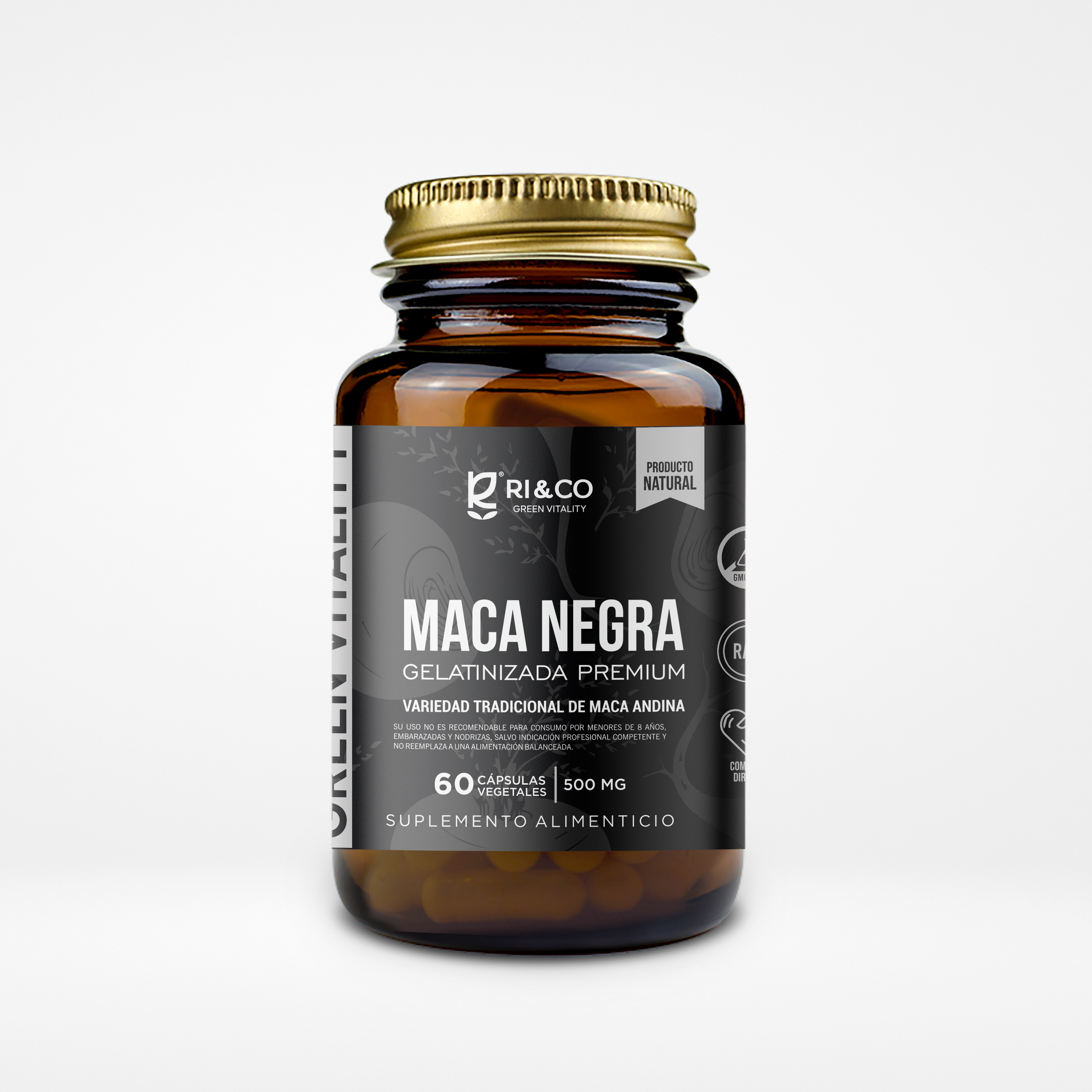 Maca Negra Gelatinizada Premium 500mg 60 Cápsulas Vegetales (1 mes) - RI&CO