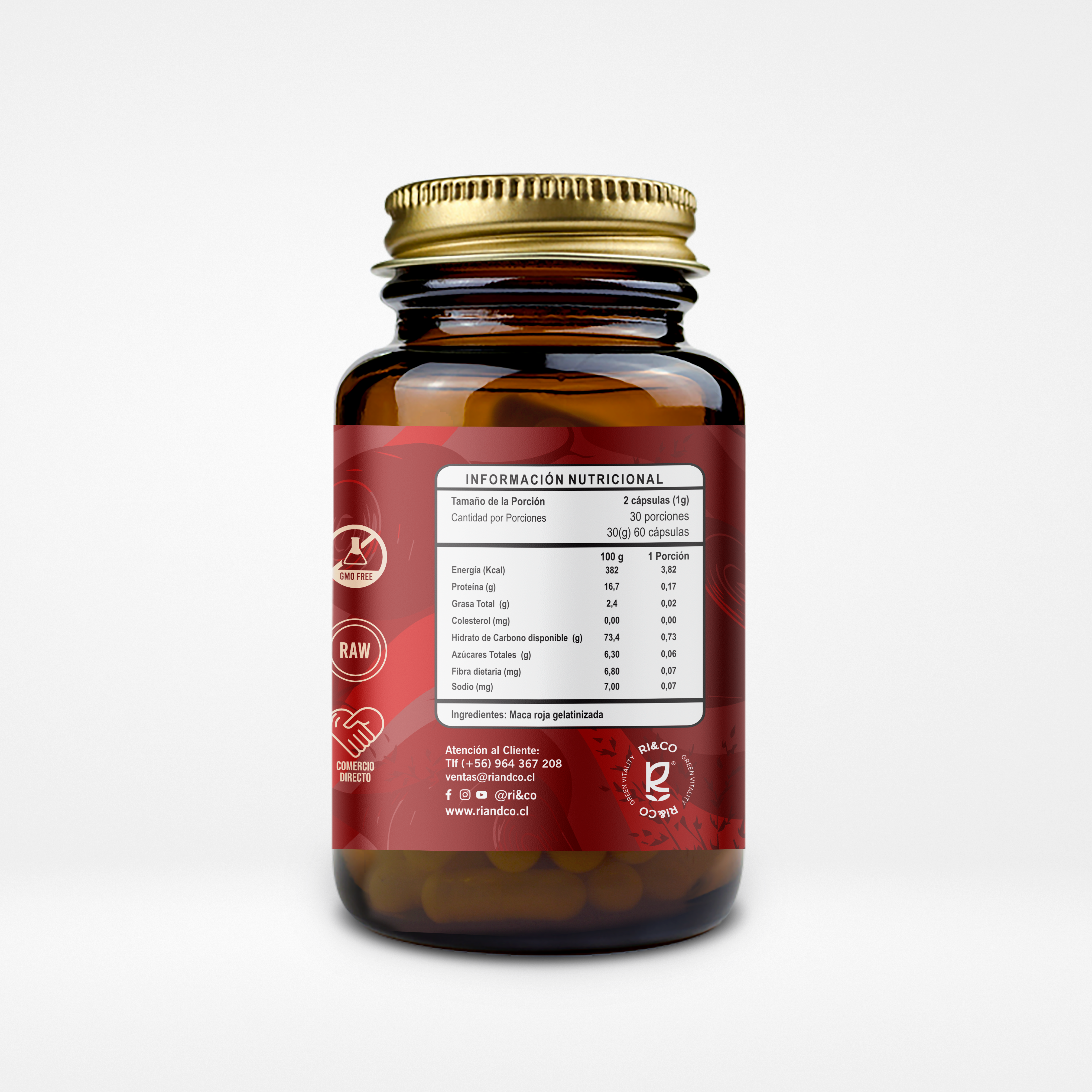 Maca Roja Gelatinizada Premium 500mg 60 Cápsulas Vegetales (1 mes) - RI&CO