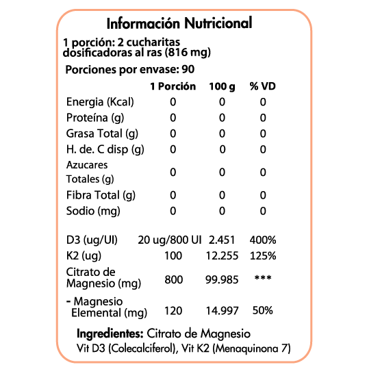 Vitamina D3 800 UI + K2 MK7 100ug + Citrato de Magnesio 800mg – 90 Porciones – Dulzura Natural