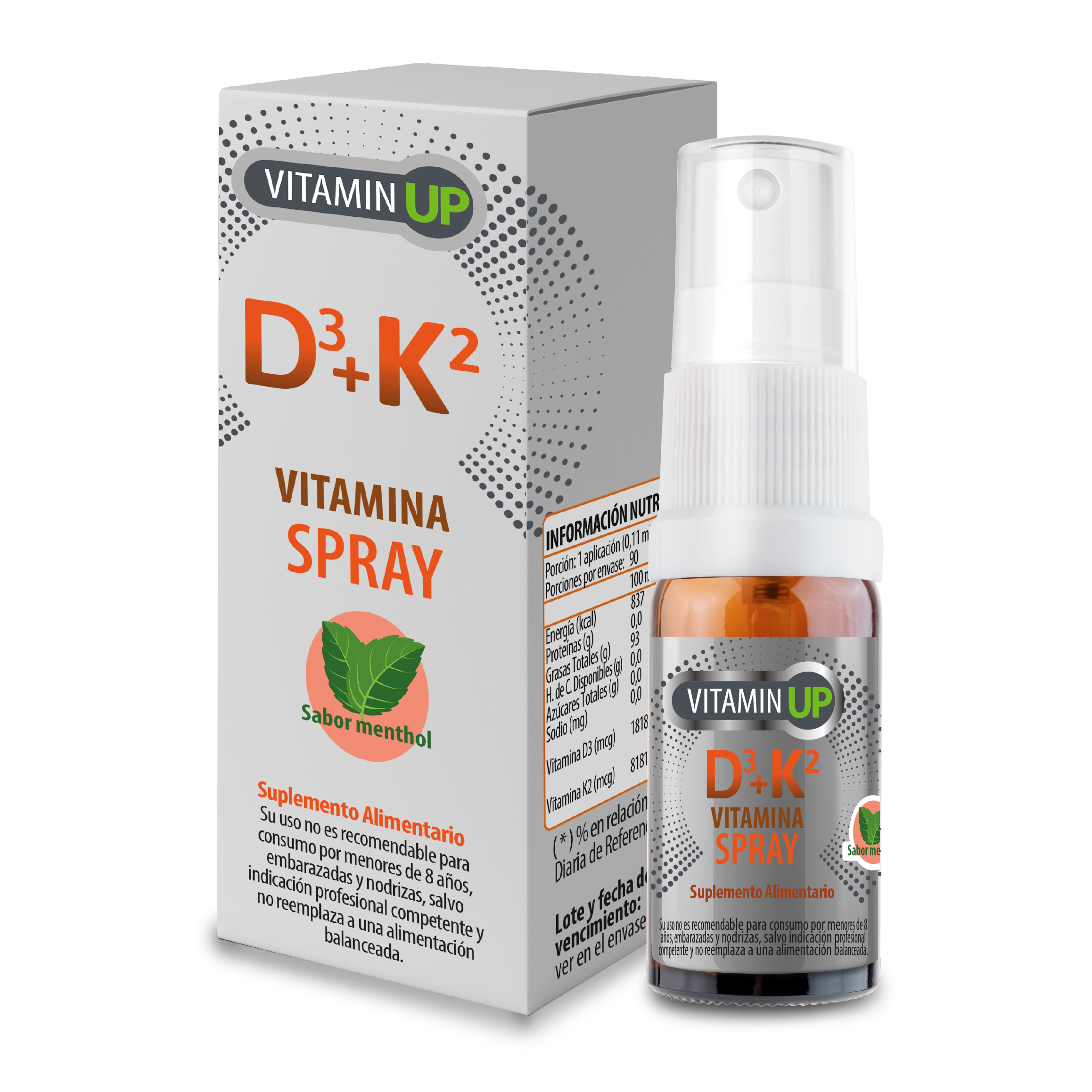 Vitamin UP Vitaminas D3 20mcg + K2 90mcg Spray Menthol 10ml - 90 Porciones (3 meses) - Newscience