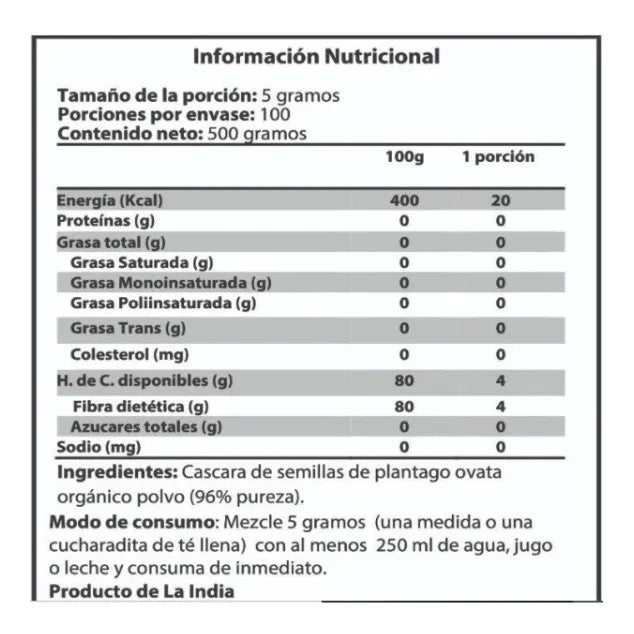 Psyllium Husk Orgánico 500gr - Sin Gluten - Magmagen