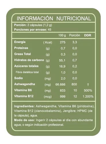 Ashwagandha 800mg + Vit B6 10mg + Vit B12 12mcg African Root 90 Cápsulas (1,5 meses) - FNL