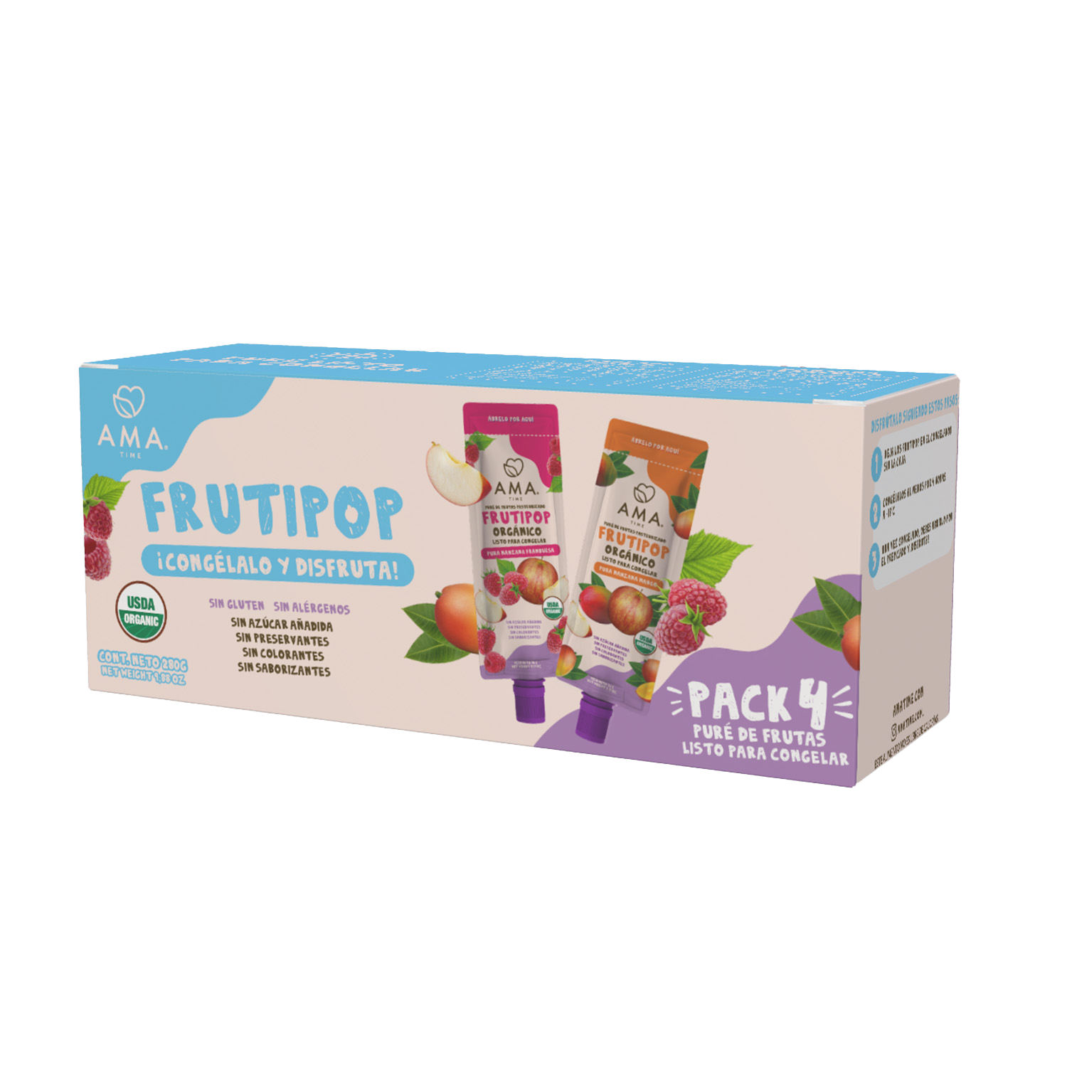 Frutipop Orgánico - Pack 04 Puré de Frutas 70gr c/u - Listo para Congelar - Ama Time