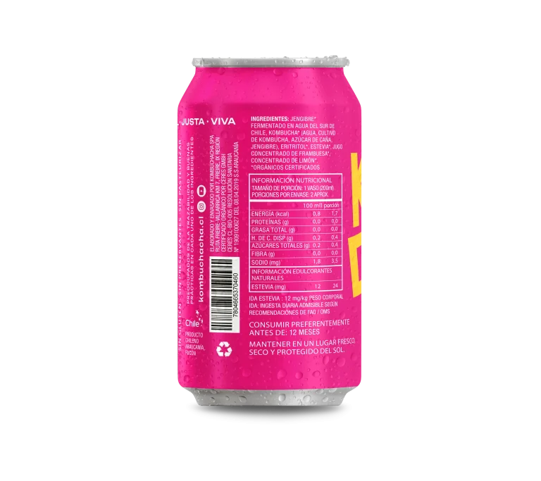 Kombucha Frambuesa Jengibre Limón Sin Azúcar 355ml - Kombuchacha