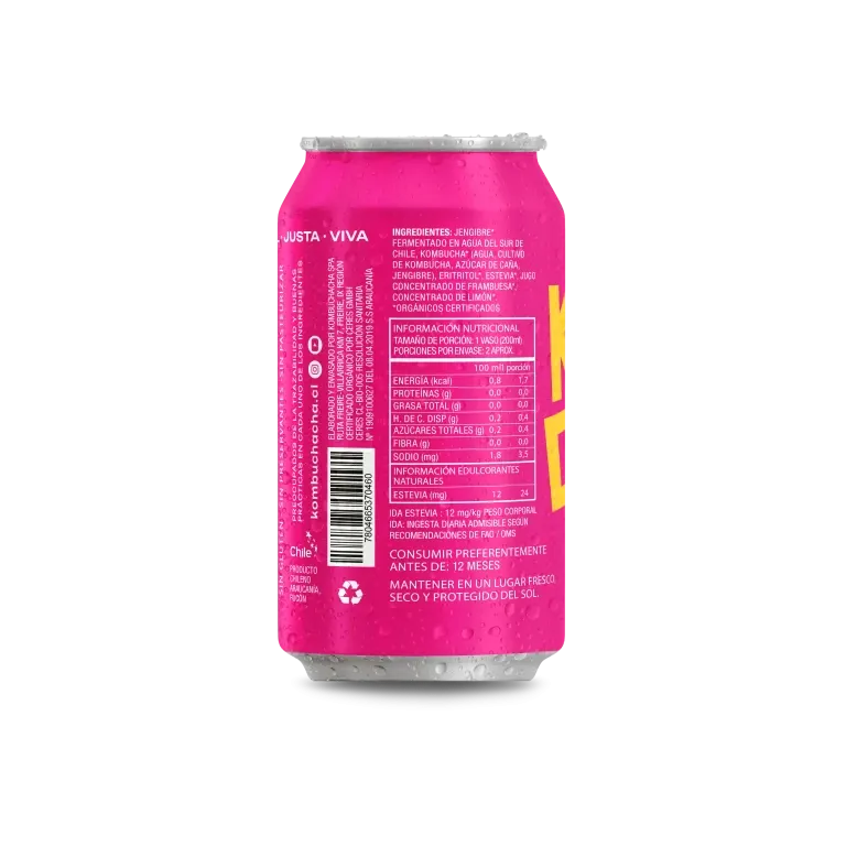 Kombucha Frambuesa Jengibre Limón Sin Azúcar 355ml - Kombuchacha