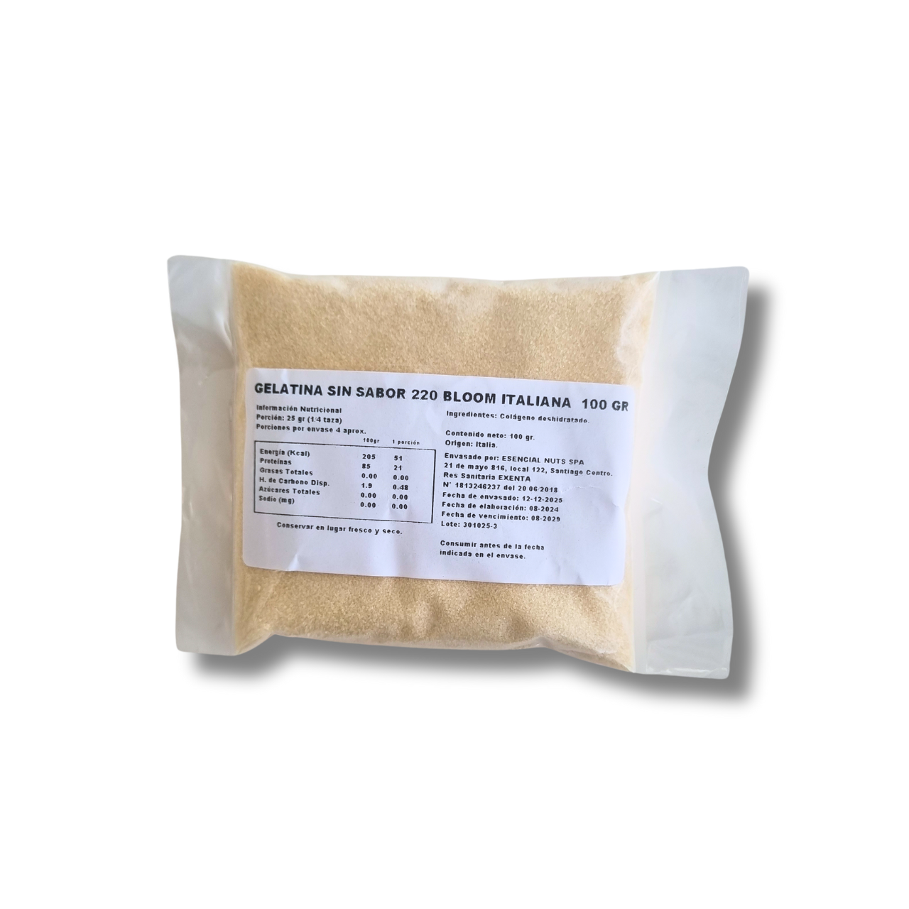 Gelatina Sin Sabor 220 Bloom Italiana 100gr - Esencial Nuts