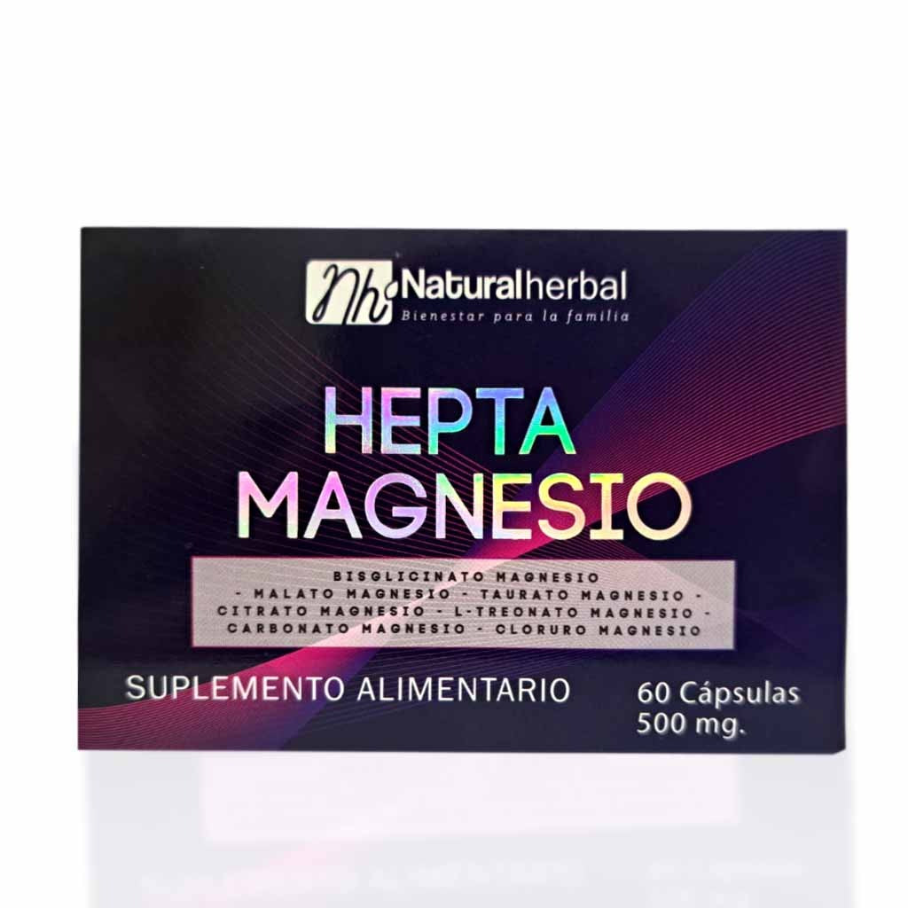 Hepta Magnesio 500mg (Bisglicinato, Malato, Taurato, Citrato, L-Treonato, Carbonato, Cloruro) 60 Cápsulas (1 mes) - Natural Herbal