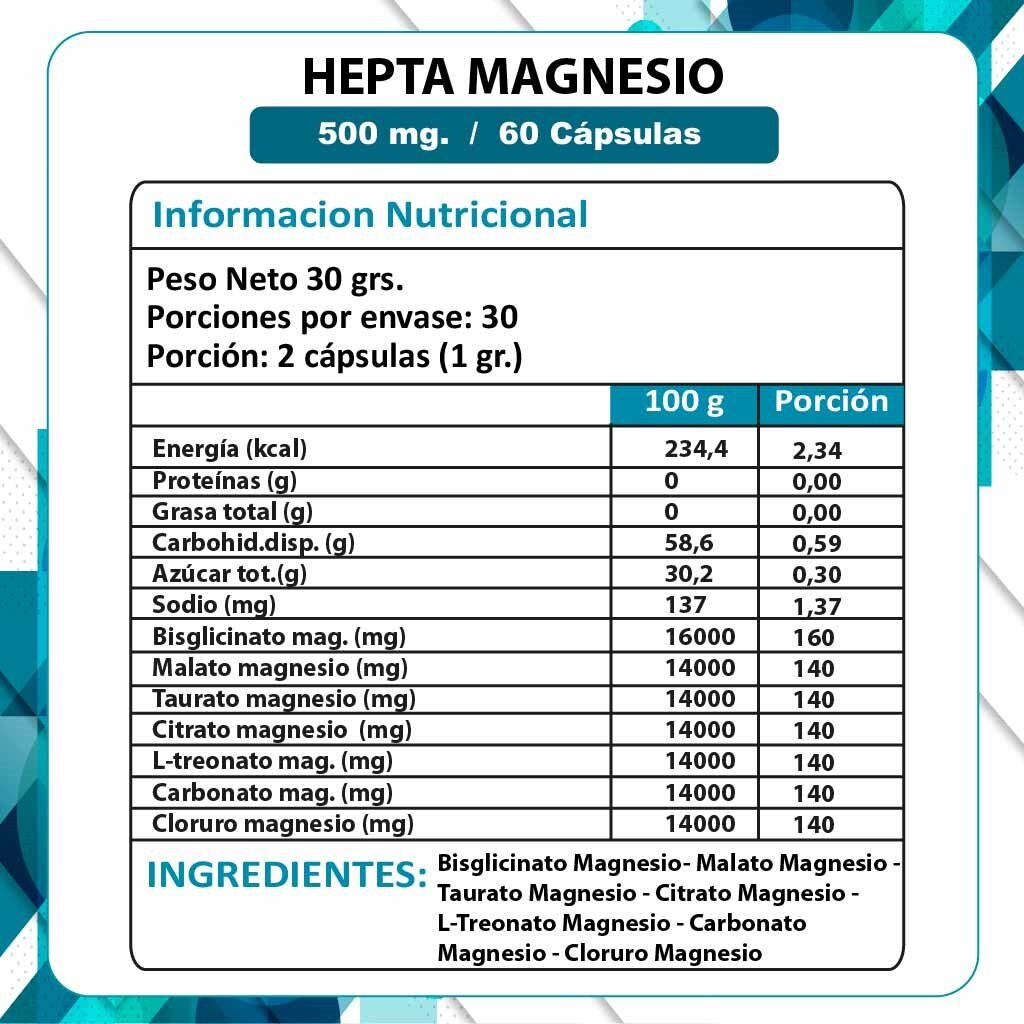 Hepta Magnesio 500mg (Bisglicinato, Malato, Taurato, Citrato, L-Treonato, Carbonato, Cloruro) 60 Cápsulas (1 mes) - Natural Herbal