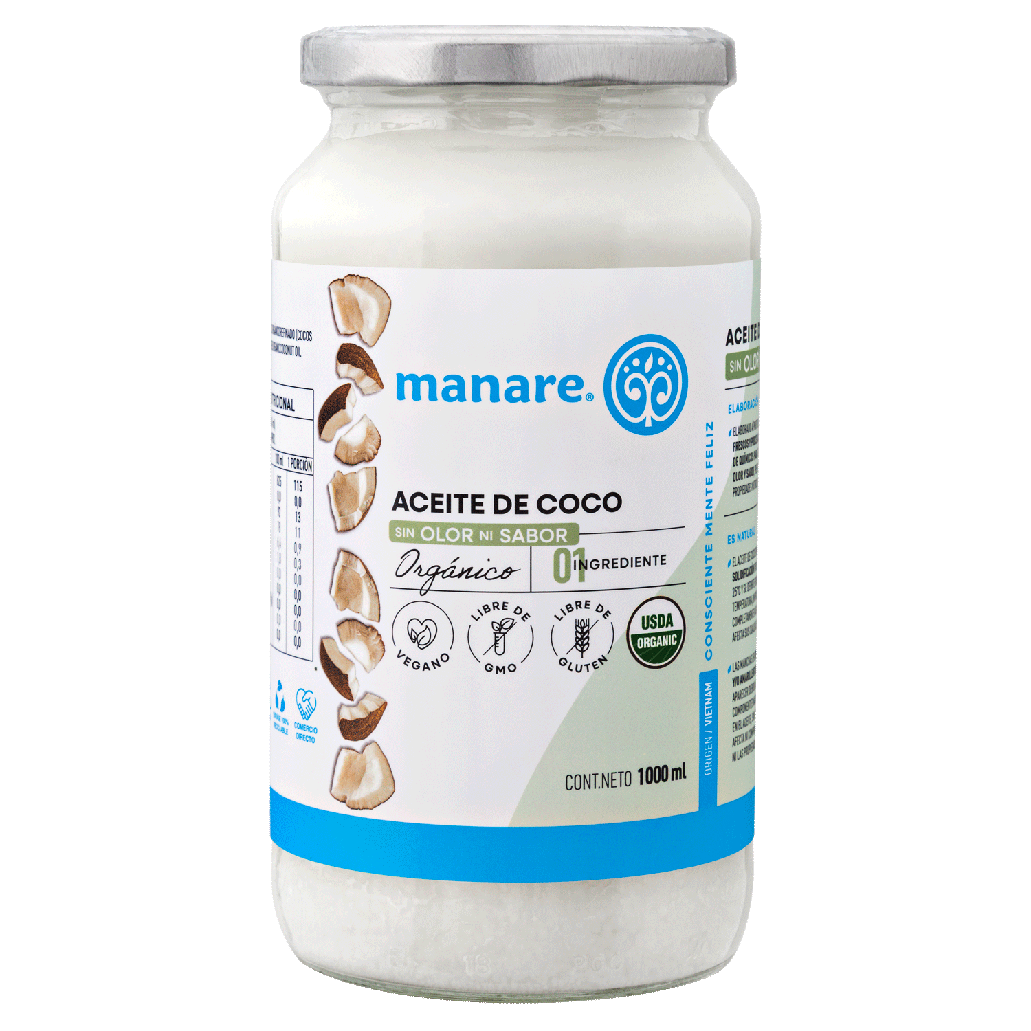 Aceite de Coco Orgánico Sin Olor Ni Sabor 1 LT Sin Gluten - Manare