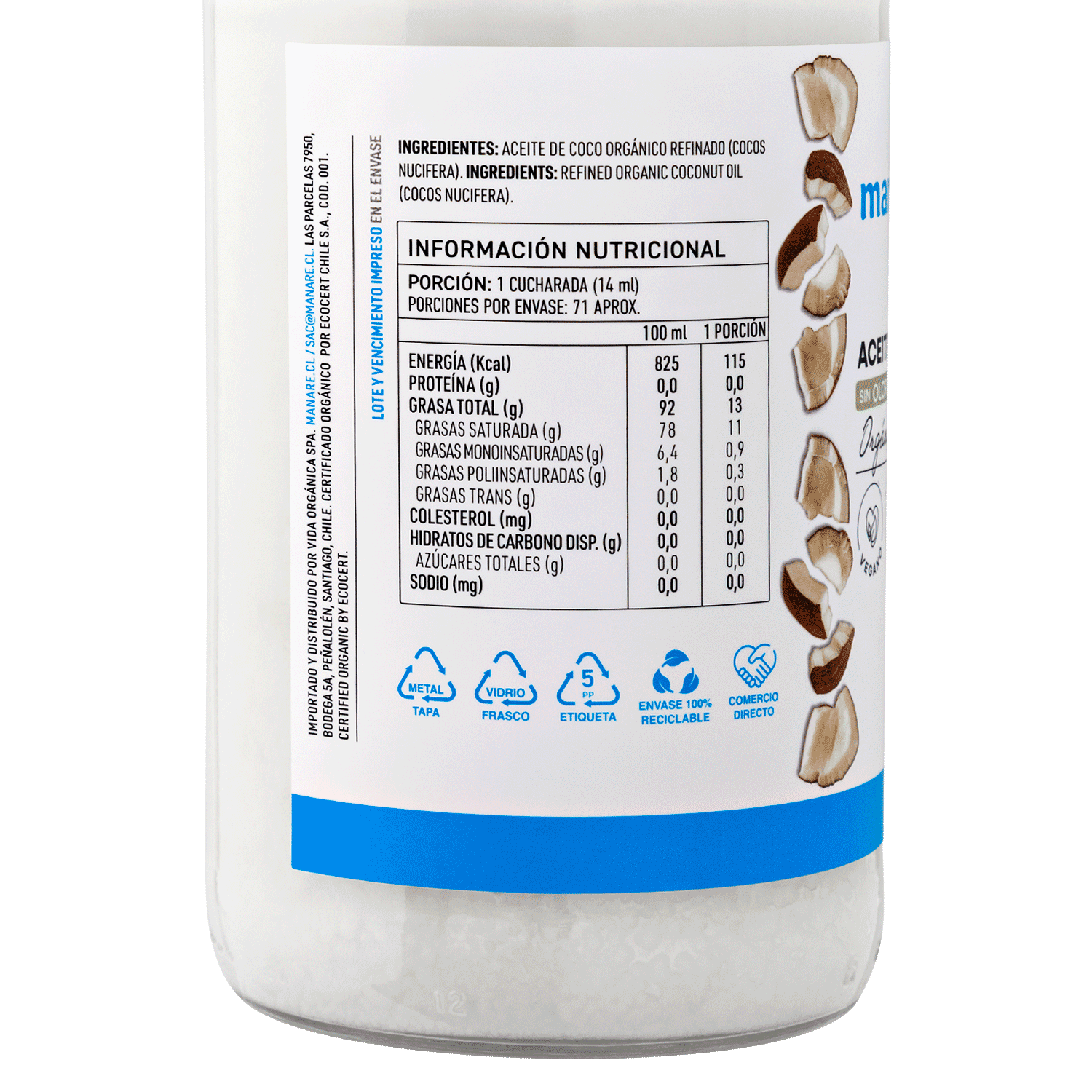 Aceite de Coco Orgánico Sin Olor Ni Sabor 1 LT Sin Gluten - Manare