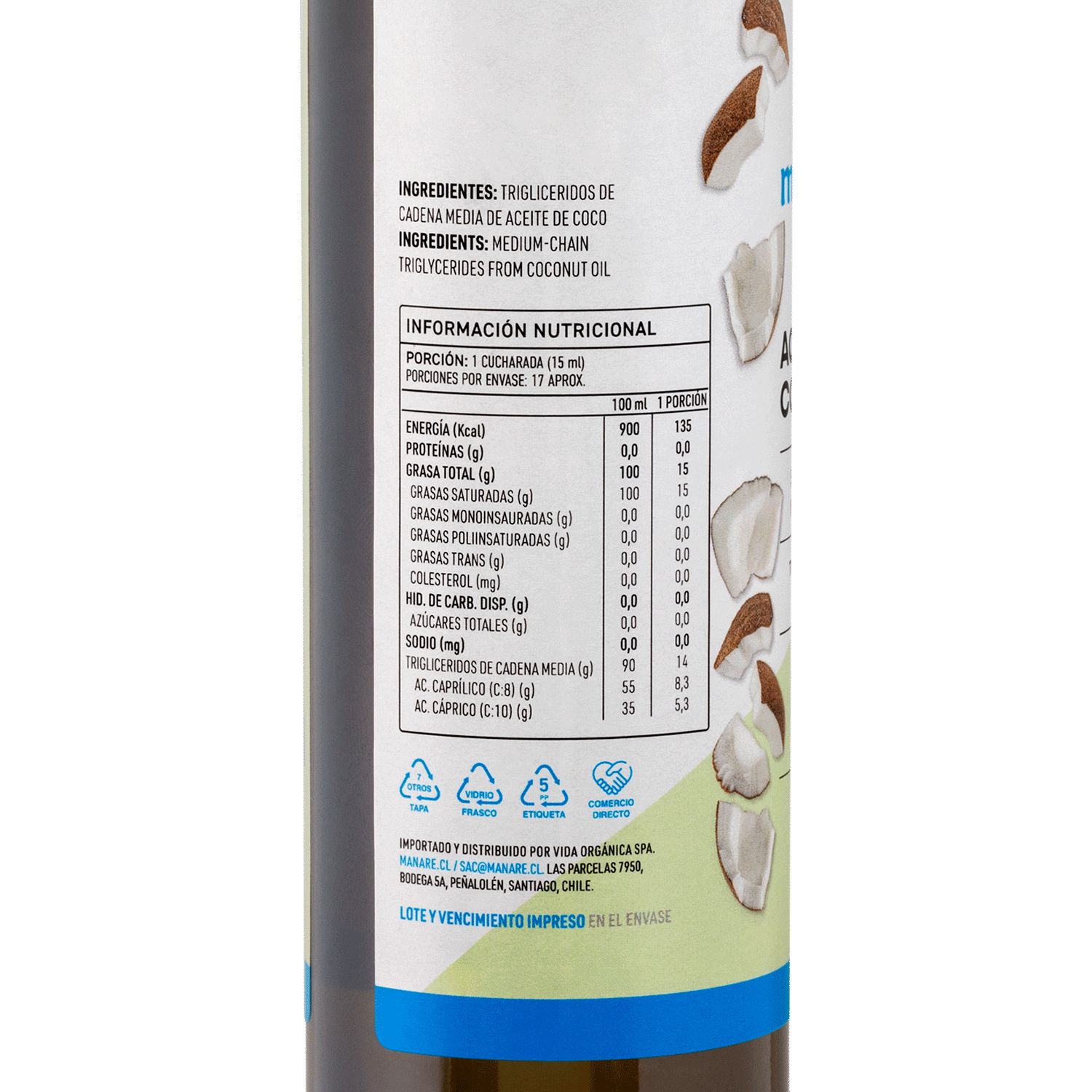 Aceite de Coco MCT 250ml Sin Gluten - Manare