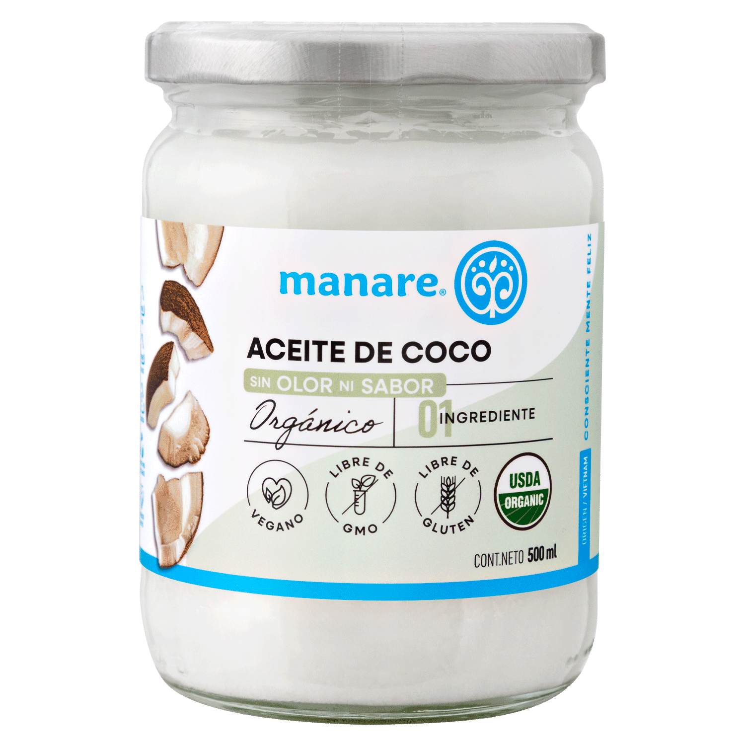 Aceite de Coco Orgánico Sin Olor Ni Sabor 500ml Sin Gluten - Manare
