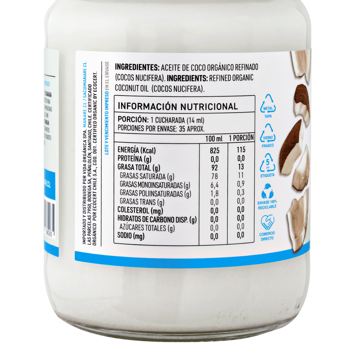 Aceite de Coco Orgánico Sin Olor Ni Sabor 500ml Sin Gluten - Manare