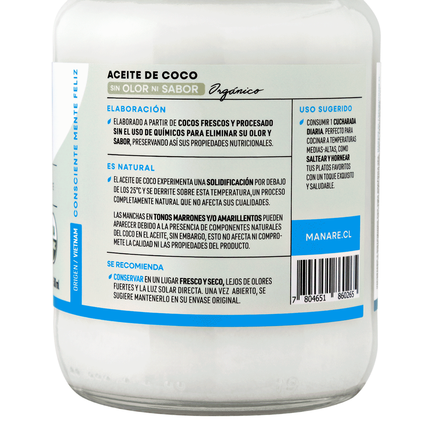 Aceite de Coco Orgánico Sin Olor Ni Sabor 500ml Sin Gluten - Manare