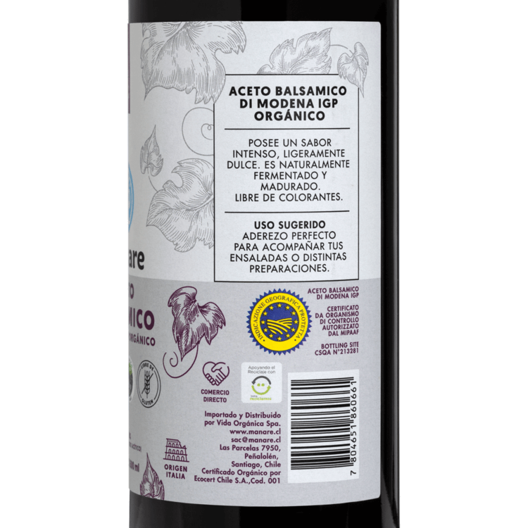 Aceto Balsámico Orgánico 500ml Sin Gluten - Manare