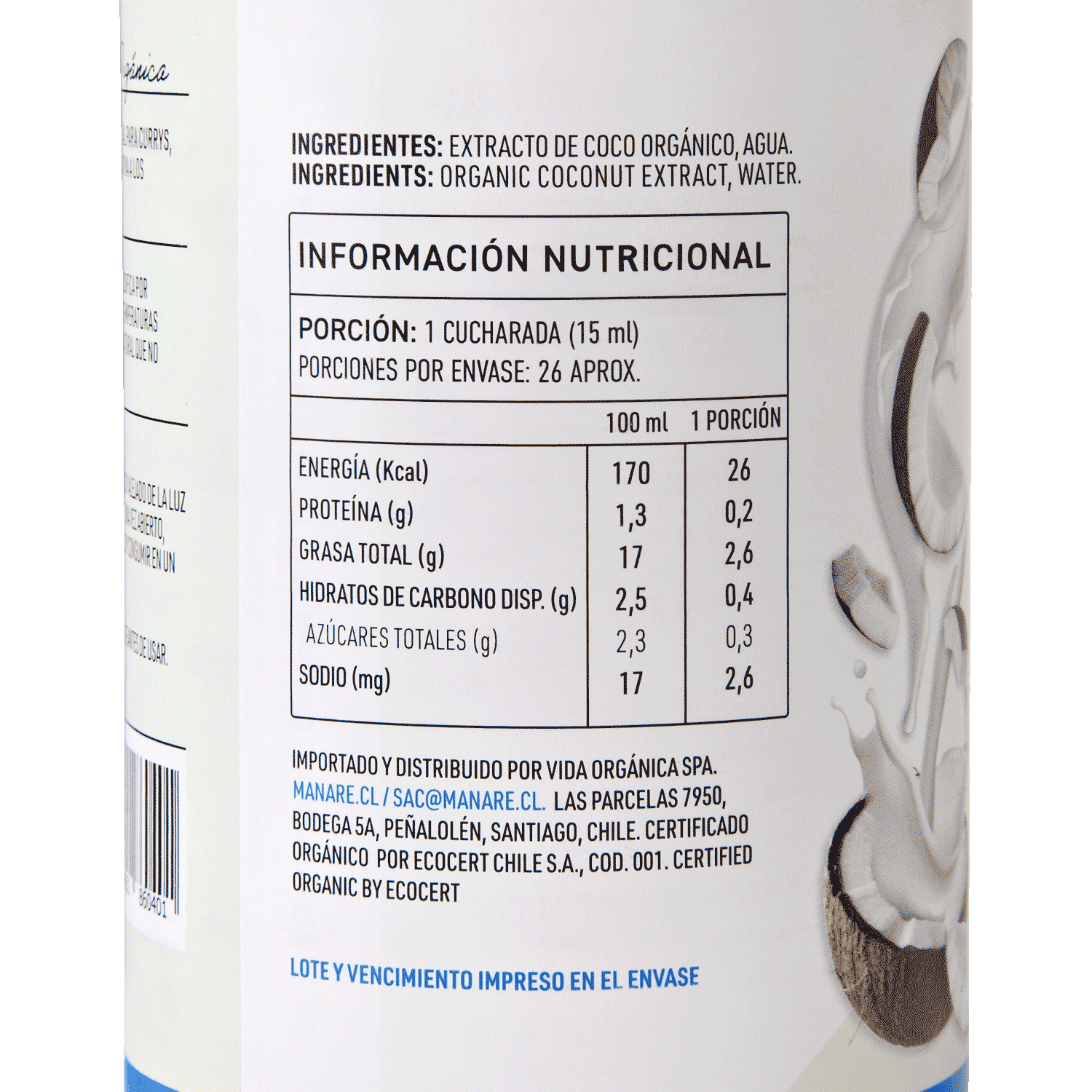 Bebida de Coco Orgánica 400ml - Sin Gluten - Manare