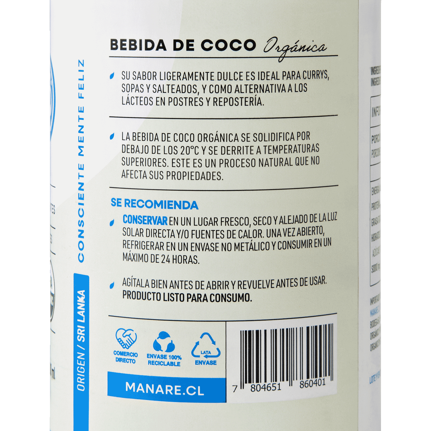 Bebida de Coco Orgánica 400ml - Sin Gluten - Manare