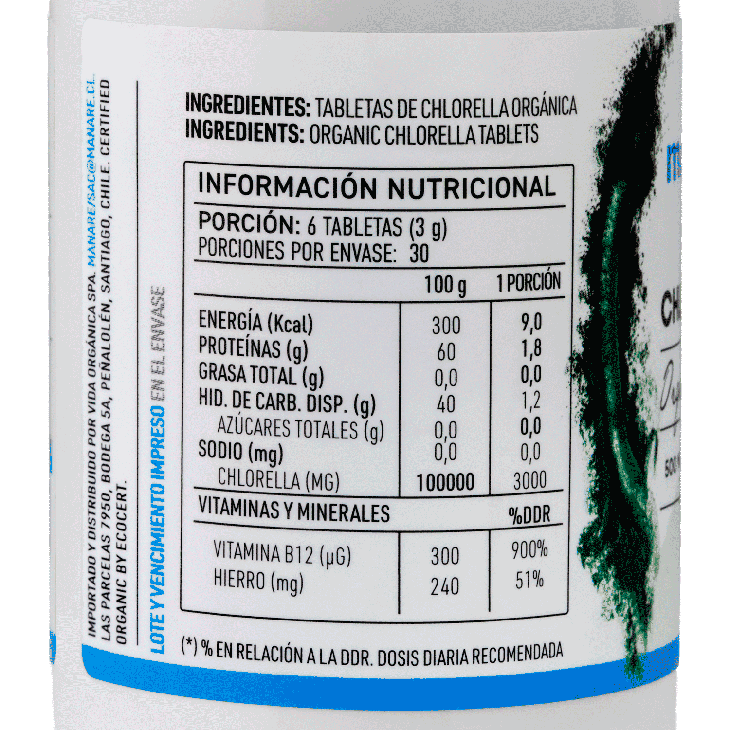 Chlorella Orgánica 500mg 180 tabletas - Manare