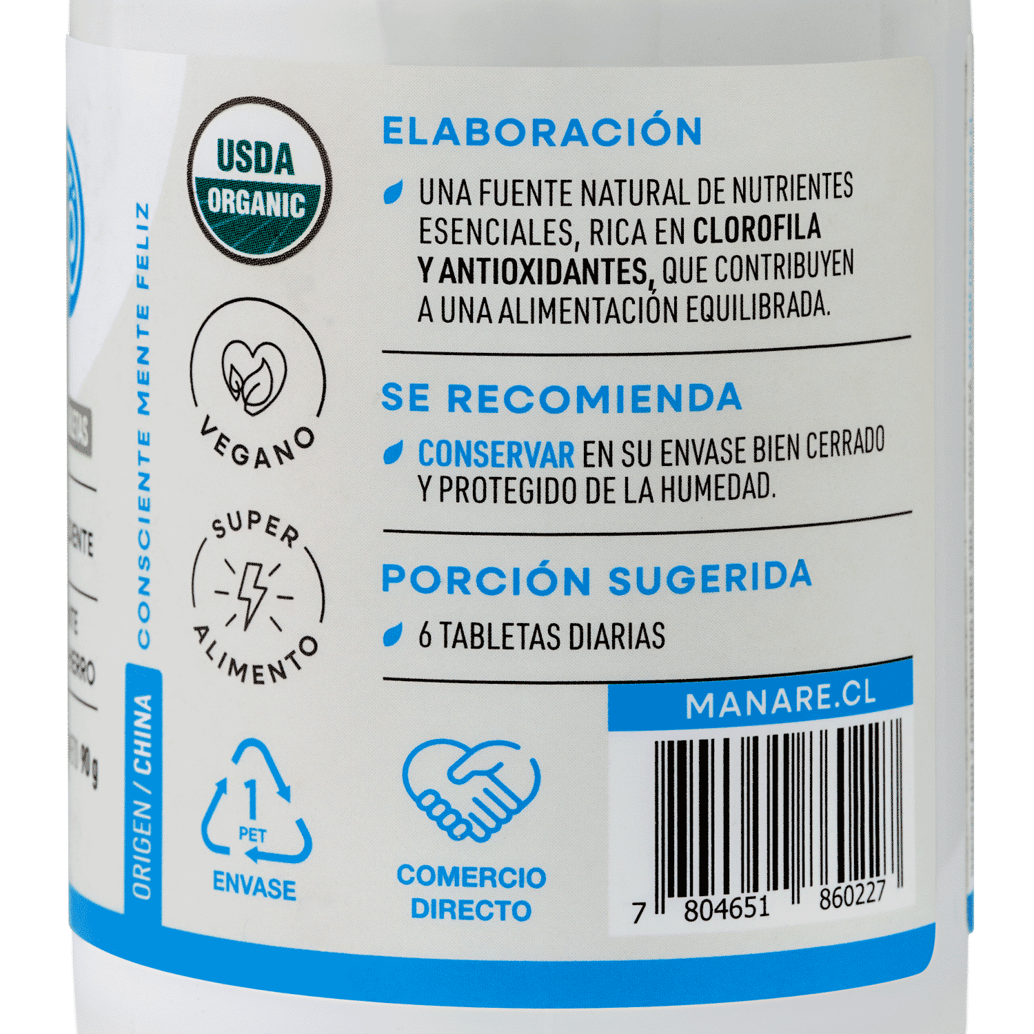 Chlorella Orgánica 500mg 180 tabletas - Manare