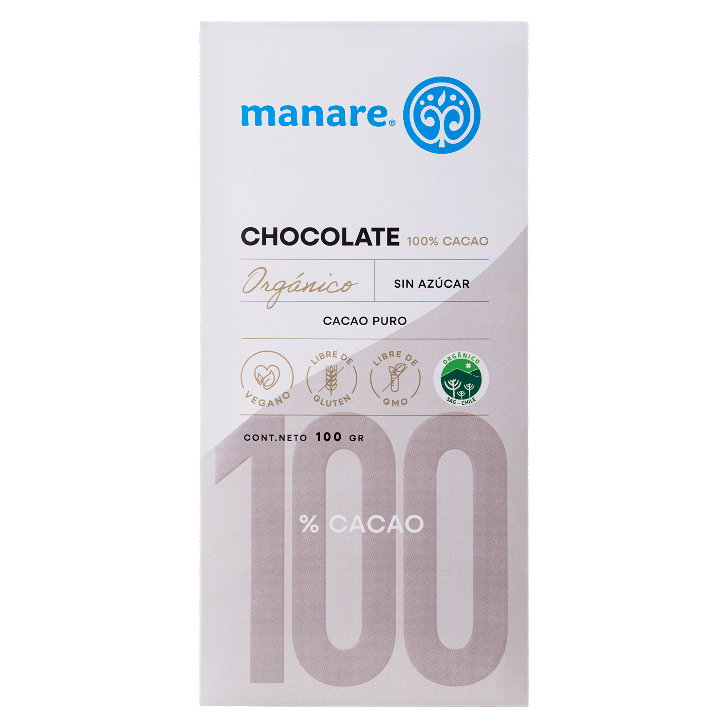 Chocolate Orgánico 100% Cacao 100gr Sin Gluten - Manare
