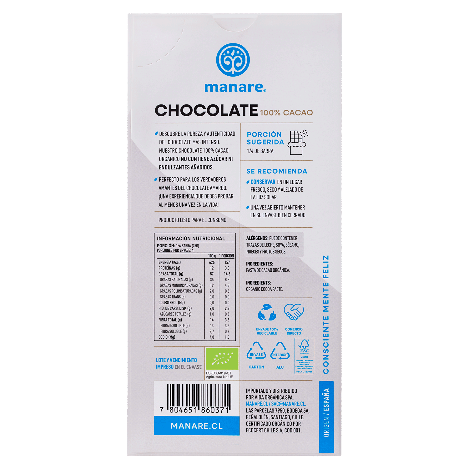 Chocolate Orgánico 100% Cacao 100gr Sin Gluten - Manare