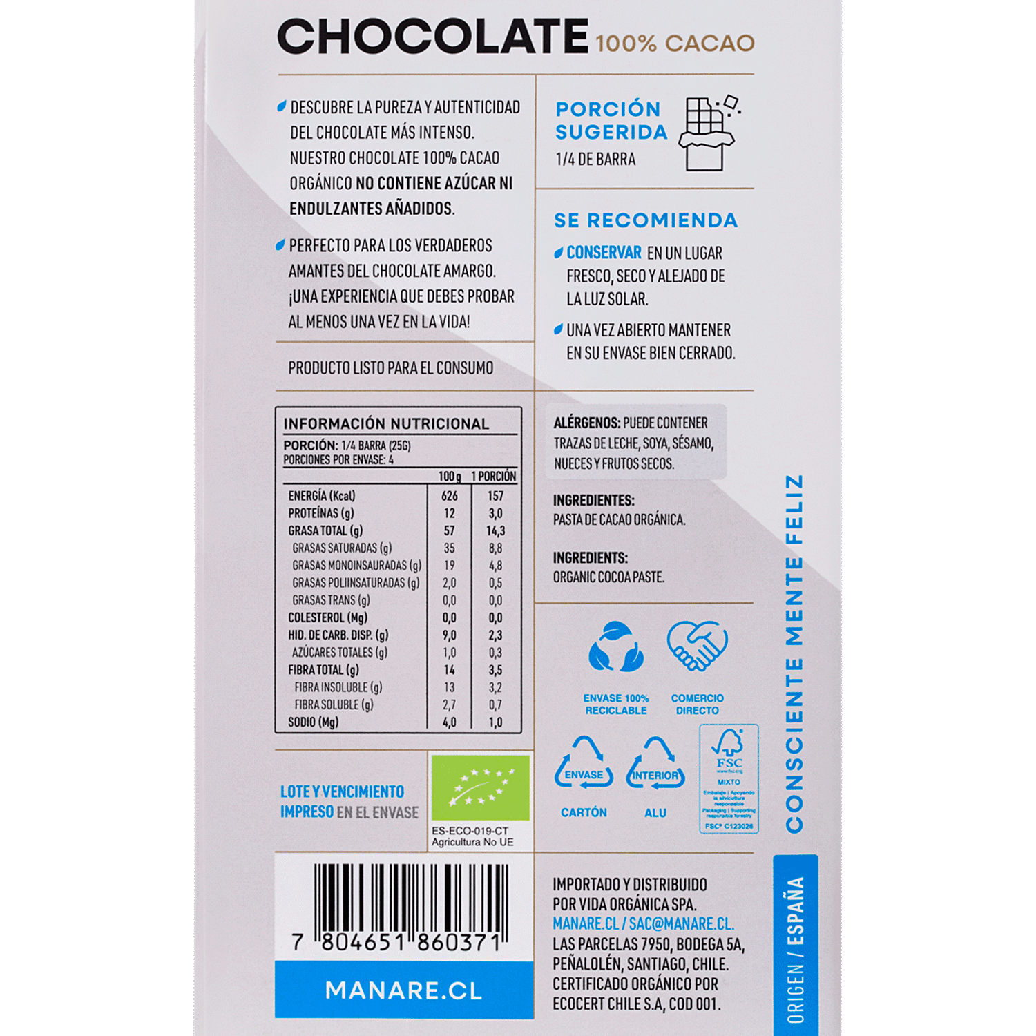 Chocolate Orgánico 100% Cacao 100gr Sin Gluten - Manare