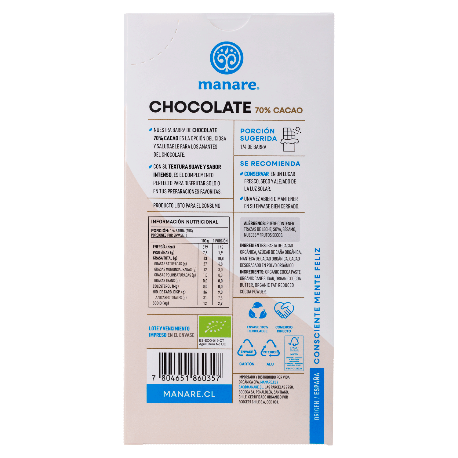 Chocolate Orgánico 70% Cacao 100gr - Manare-Chocolates y Cacao-Mercado Silvestre