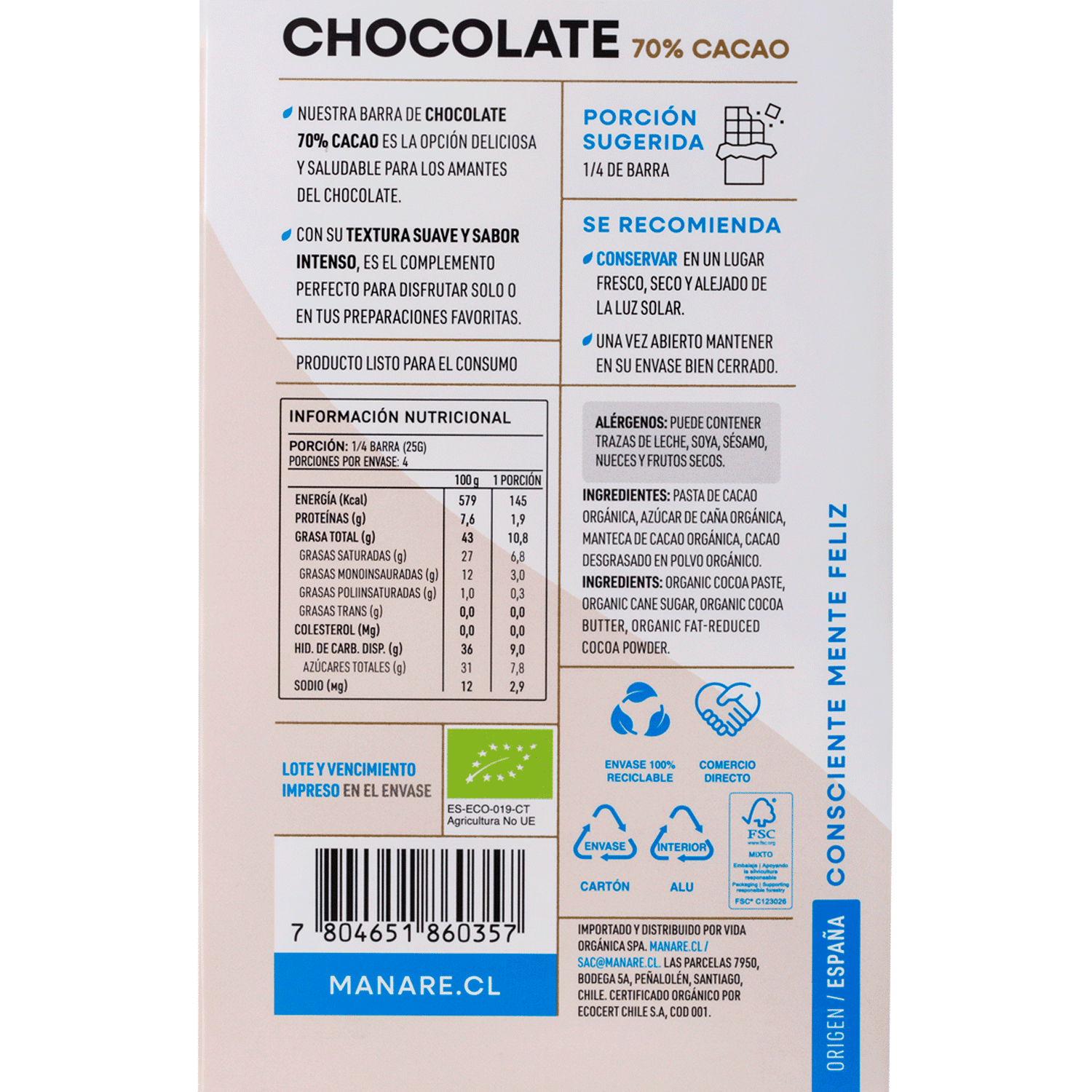 Chocolate Orgánico 70% Cacao 100gr - Manare-Chocolates y Cacao-Mercado Silvestre