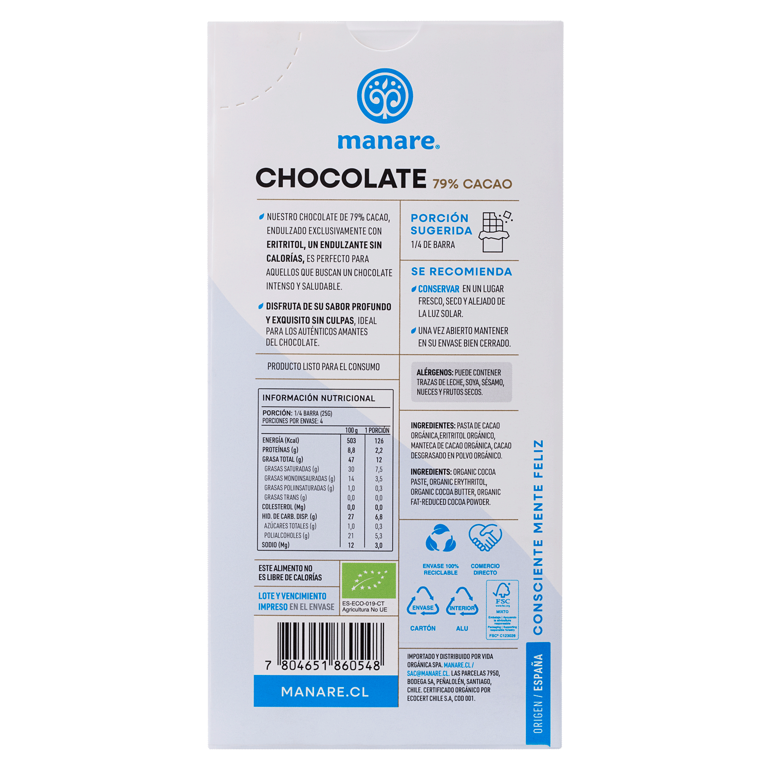 Chocolate Sin Azúcar Orgánico 79% Cacao 100gr Sin Gluten - Manare