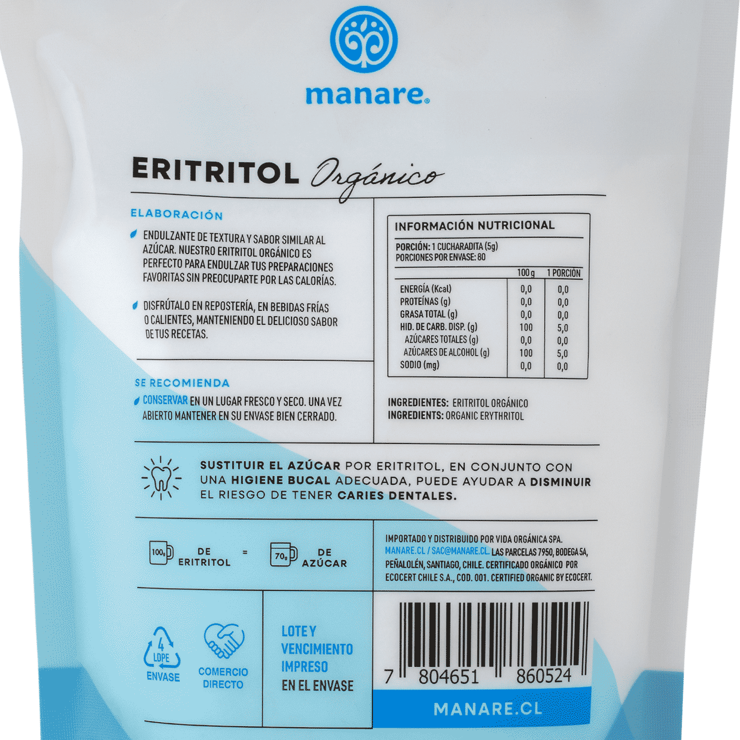 Eritritol Orgánico 400gr Sin Gluten - Manare