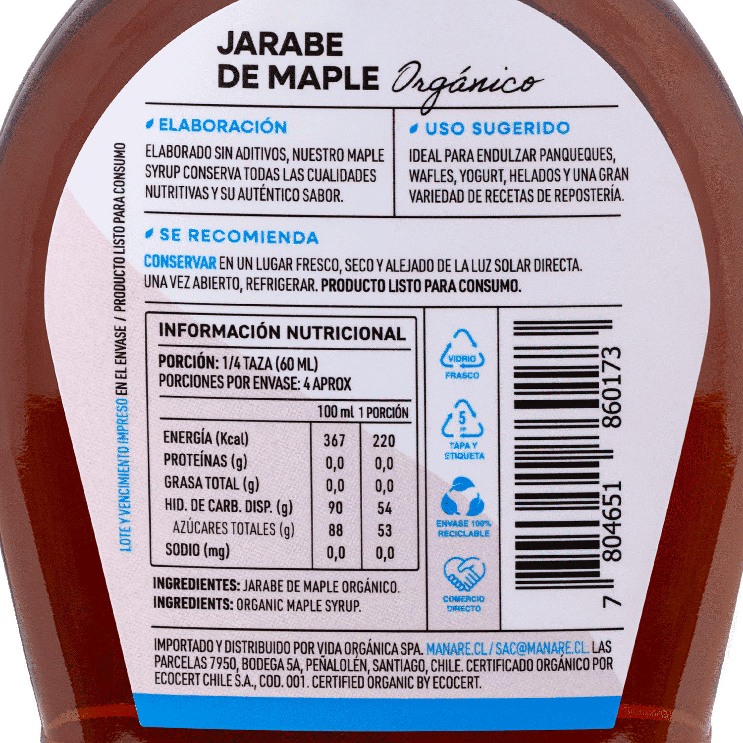 Jarabe de Maple Orgánico 250ml Sin Gluten - Manare