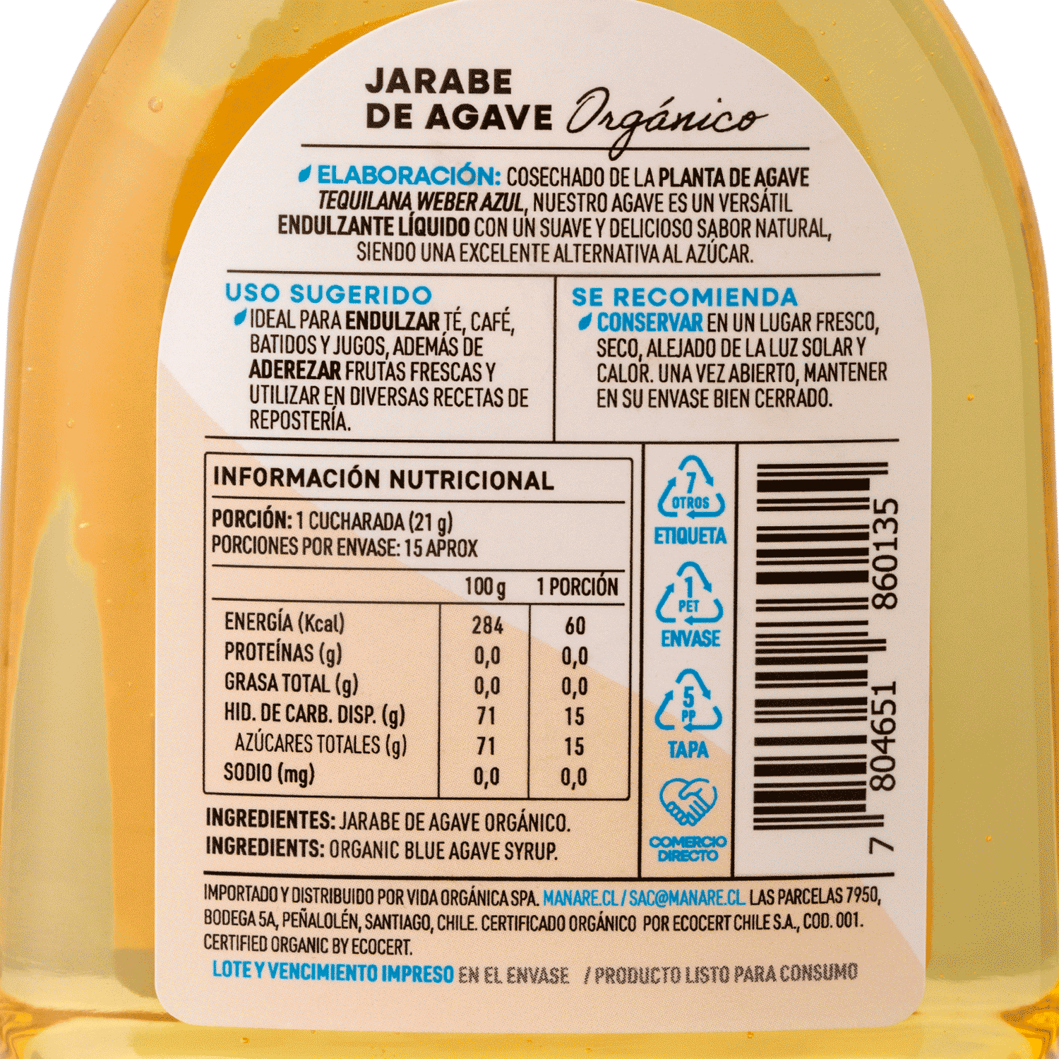 Jarabe de Agave Orgánico 330grs Sin Gluten - Manare