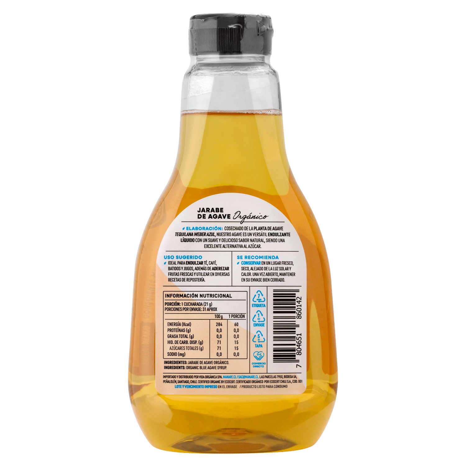 Jarabe de Agave Orgánico 660grs Sin Gluten - Manare