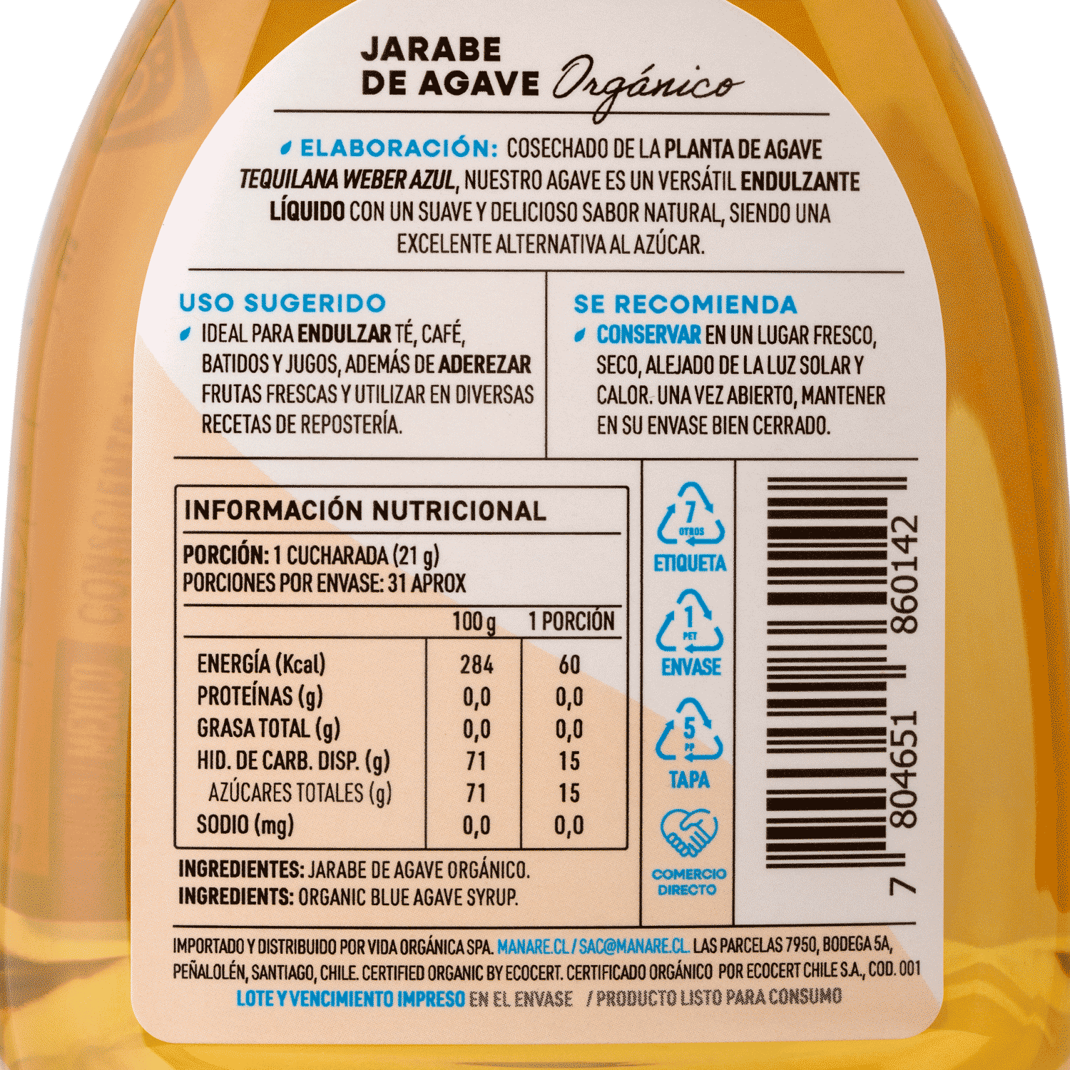 Jarabe de Agave Orgánico 660grs Sin Gluten - Manare