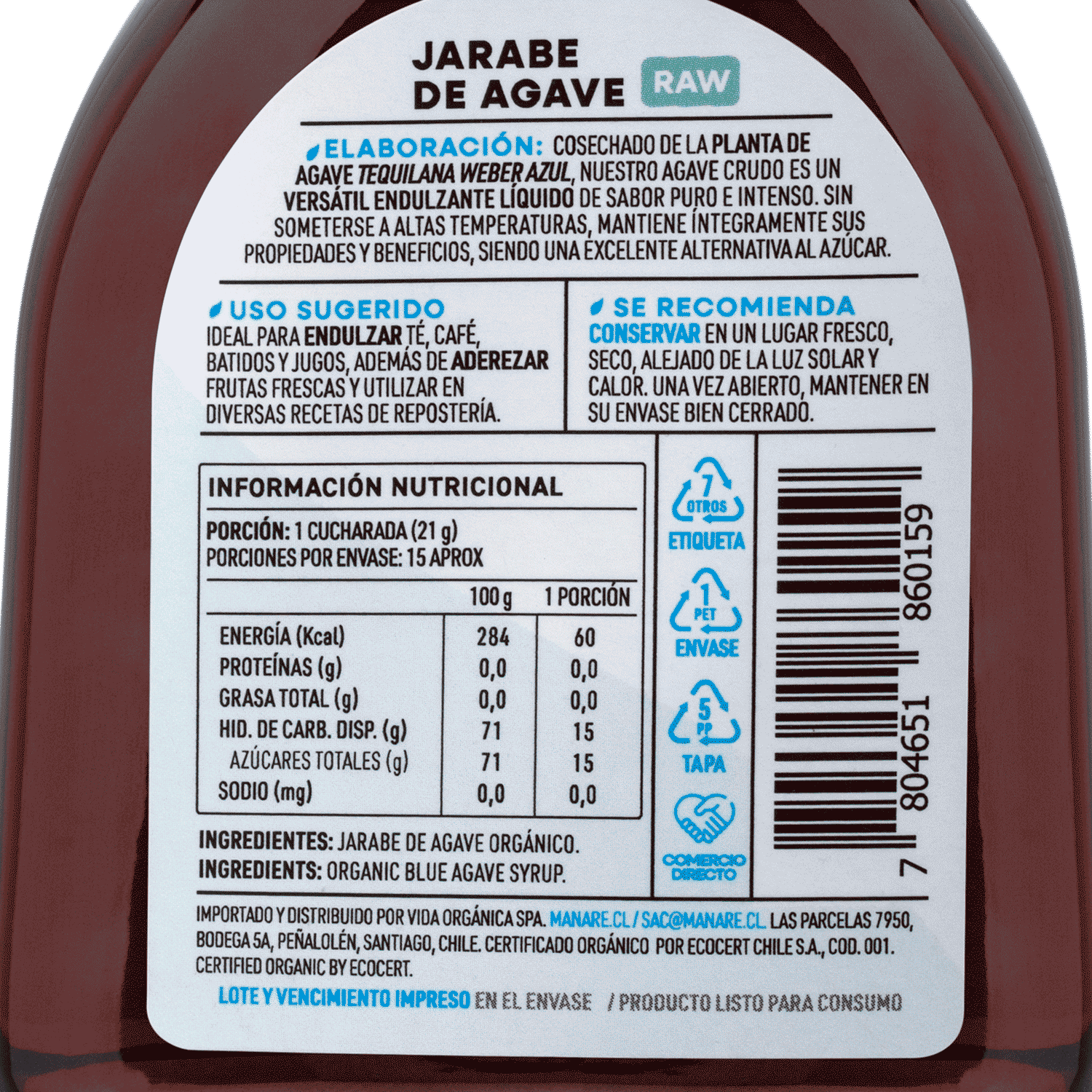 Jarabe de Agave RAW Orgánico 330grs Sin Gluten - Manare