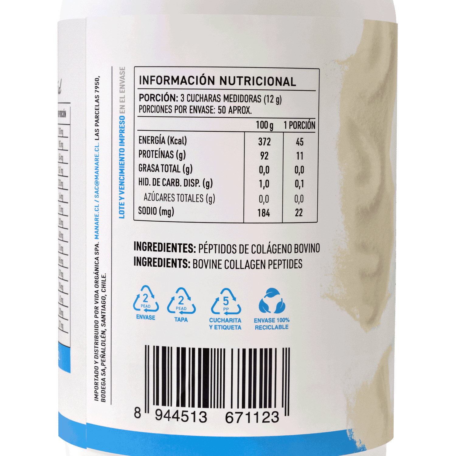 Péptidos de Colágeno Hidrolizado 600gr Sin Gluten - Manare