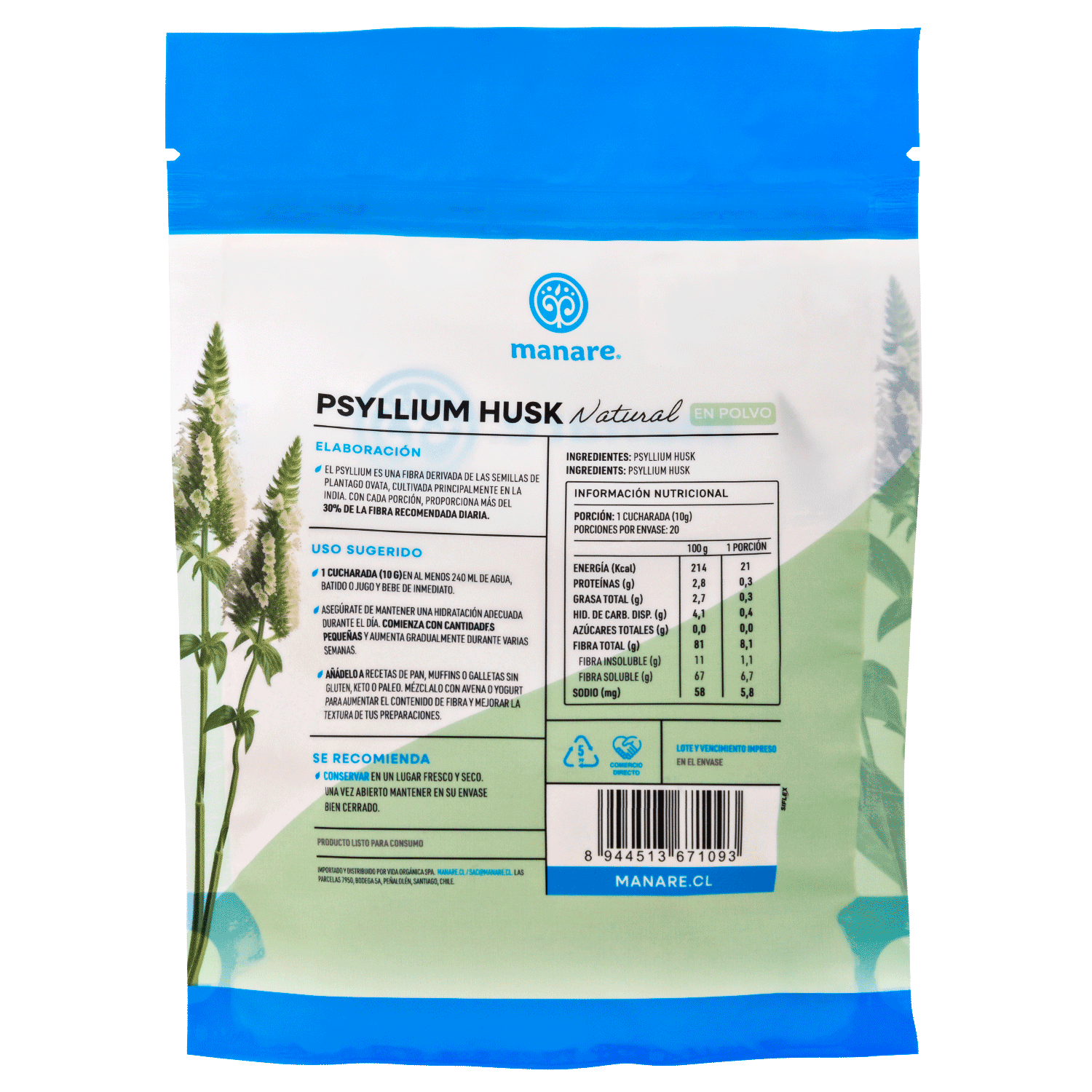 Psyllium Husk Natural en Polvo 200gr Sin Gluten - Manare